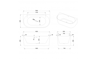 Пристінна окремостояча акрилова ванна Oval astri / Овал астрі 160x80x58 см, біла глянцева, суцільнолита із заокругленими кутами, slim перелив