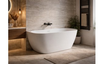 Окремостояча пристінна ванна з штучного каменю Water Stone Dea Wall / Діа Волл 163x82x59 см, Біла матова, суцільнолита, клапан клік-клак колір ванни