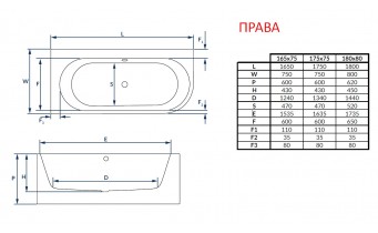 Пристінна суцільнолита вільностояча овальна ванна з акрилу Vanesa 180x80x62 см / Ванеса, L (Лівостороння) біла глянцева, із заокругленим кутом, з ніжками та сифоном, Slim-перелив