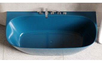 Окремостояча пристінна ванна з штучного каменю Water Stone Dea Wall / Діа Волл 163x82x59 см, Синя глянцева, суцільнолита, клапан клік-клак колір ванни