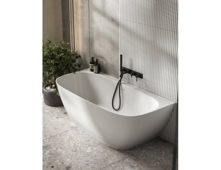Окремостояча пристінна ванна з штучного каменю Water Stone Dea Wall / Діа Волл 163x82x59 см, Біла матова, суцільнолита, клапан клік-клак колір ванни
