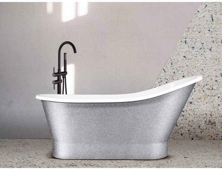 Окремостояча кам'яна ванна Besco Gloria Glam 150x66, срібна з сифоном click / clack (WMD-150-GLS)
