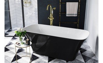 Окремостояча кам'яна ванна Besco Assos S-line 160x70, чорно-біла з сифоном click / clack (WMD-160-ALW)