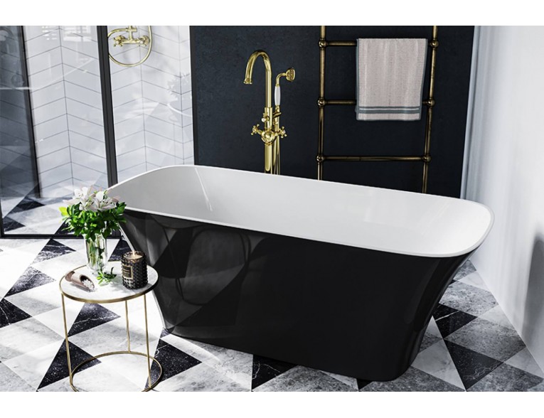 Окремостояча кам'яна ванна Besco Assos S-line 160x70, чорно-біла з сифоном click / clack (WMD-160-ALW)