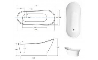Окремостояча кам'яна ванна Besco Gloria Glam 150x66, золота з сифоном click / clack (WMD-150-GLZ)