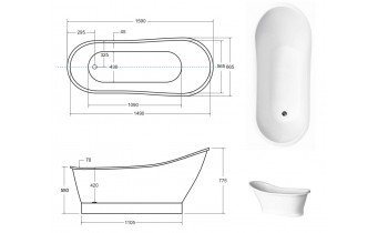 Ванна окремостояча Besco Gloria 160x68, біла, Мінеральне лиття Mineral DuraBe (WMD-160-GL)