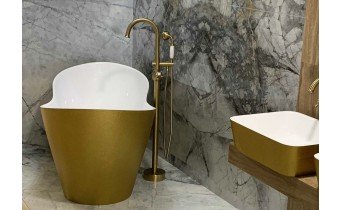 Окремостояча кам'яна ванна Besco Viya Glam 160x70, золота з сифоном click / clack (WMD-160-VZ)