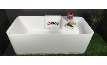 Окремостояча ванна з мармуру, каменю Dremex Glow 160x73x59,5 см, Gelcoat, білий матовий + сифон + лита полиця під аксесуари для ванни