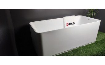 Окремостояча ванна з мармуру, каменю Dremex Glow 160x73x59,5 см, Gelcoat, білий глянцевий + сифон + лита полиця під аксесуари для ванни