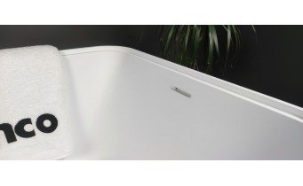 Окремостояча ванна з мармуру, каменю Dremex Glow 160x73x59,5 см, Gelcoat, білий матовий + сифон + лита полиця під аксесуари для ванни