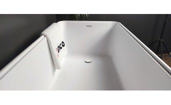 Окремостояча ванна з мармуру, каменю Dremex Glow 160x73x59,5 см, Gelcoat, білий матовий + сифон + лита полиця під аксесуари для ванни