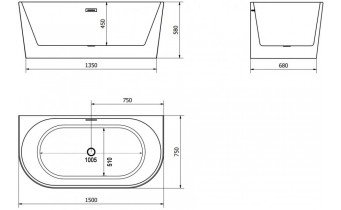 Вільностояча пристінна акрилова ванна Oval / Овал 150x75x58 см, біла глянцева, суцільнолита із заокругленими кутами, накладки злив перелив хром, + klick - klack