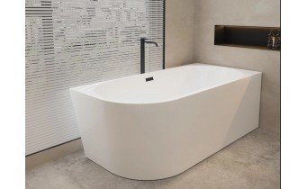Пристінна кутова акрилова ванна Avola / Авола 160x80x58 см, R (Правостороння) біла глянцева, суцільнолита із заокругленим кутом, декорація чорна