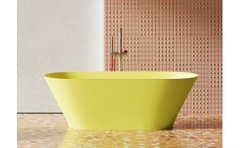 Окремостояча овальна ванна з штучного каменю Peonia / Пеонія, 170x77x58,5 см, колір жовтий глянцевий, суцільнолита, клапан клік-клак колір ванни