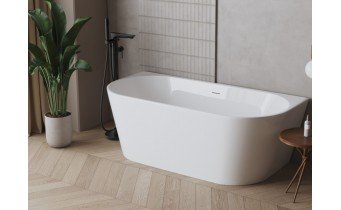 Пристінна окремостояча акрилова ванна Oval astri / Овал астрі 160x80x58 см, біла глянцева, суцільнолита із заокругленими кутами, slim перелив