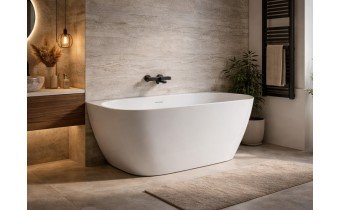 Окремостояча пристінна ванна з штучного каменю Water Stone Dea Wall / Діа Волл 163x82x59 см, Біла матова, суцільнолита, клапан клік-клак колір ванни