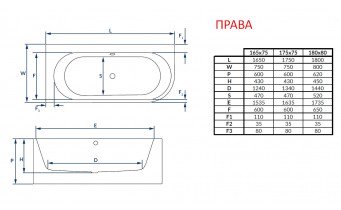 Пристінна суцільнолита вільностояча овальна ванна з акрилу Vanesa 180x80x62 см / Ванеса, L (Лівостороння) біла глянцева, із заокругленим кутом, з ніжками та сифоном, Slim-перелив