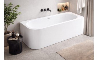 Пристінна суцільнолита вільностояча овальна ванна з акрилу Vanesa 165x75x60 см / Ванеса, R (Правостороння) біла глянцева, із заокругленим кутом, з ніжками та сифоном, Slim-перелив
